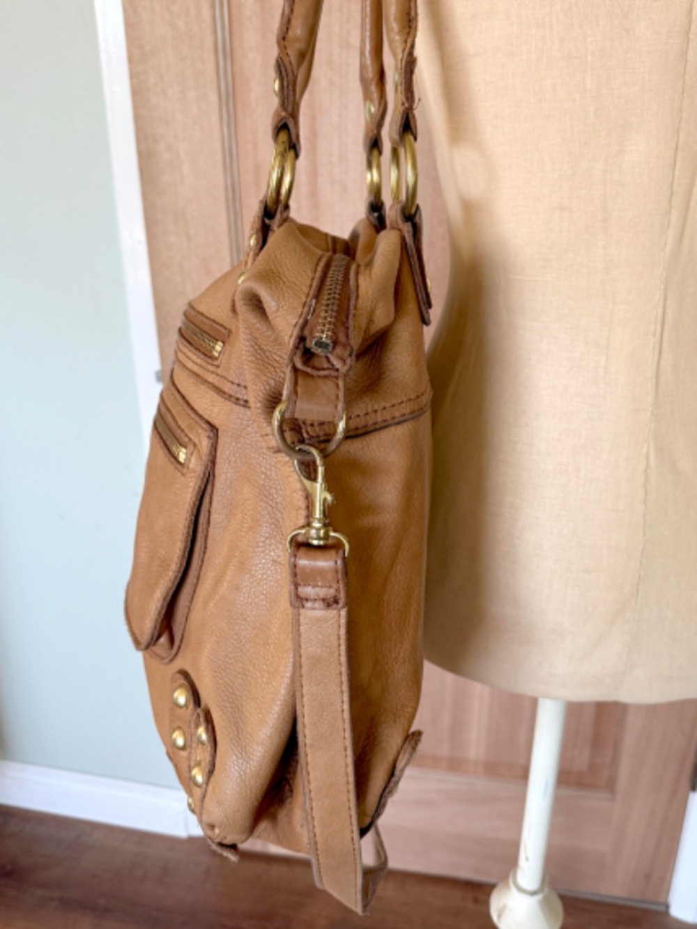 Brown Camel Genuine Leather Lined Pelle Tote Shoulder Bag Purse Large - Picture 7 of 11